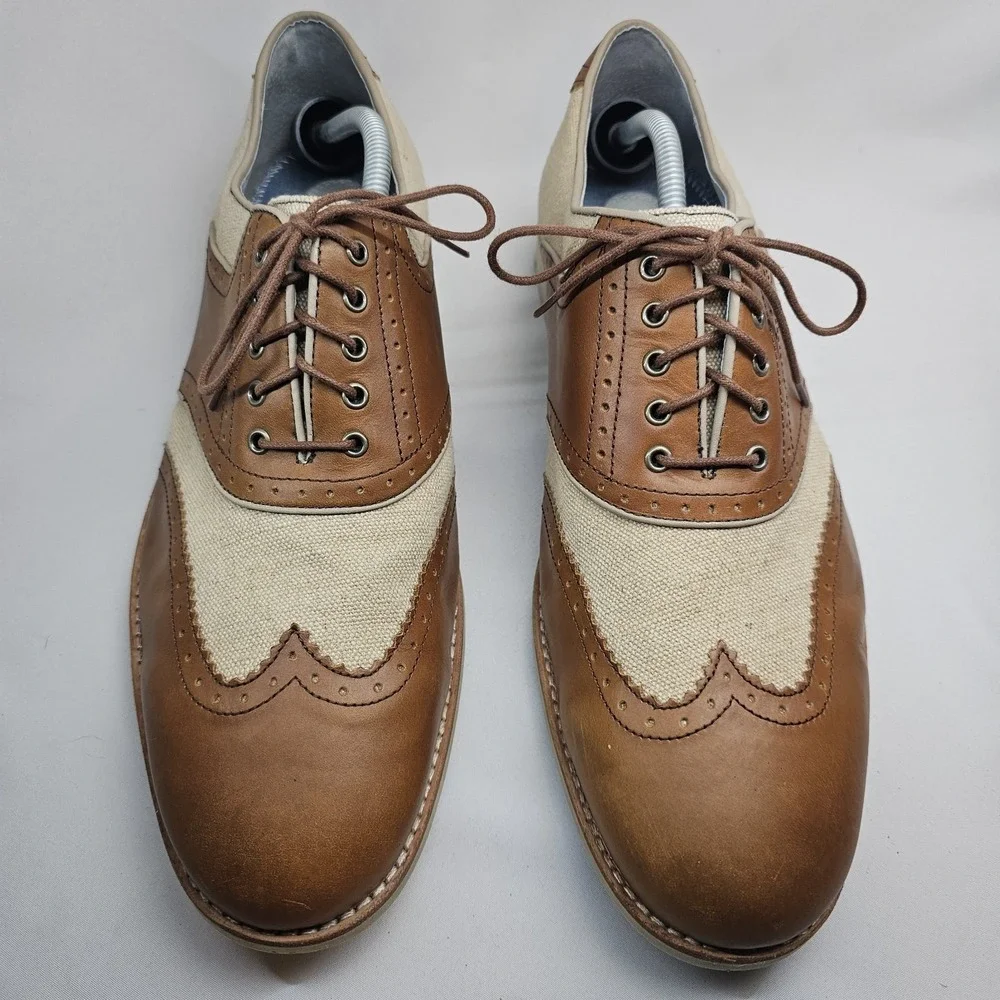 Johnston & Murphy Brown Leather Canvas Wingtip Oxford Shoes Men's 13M Sheepskin